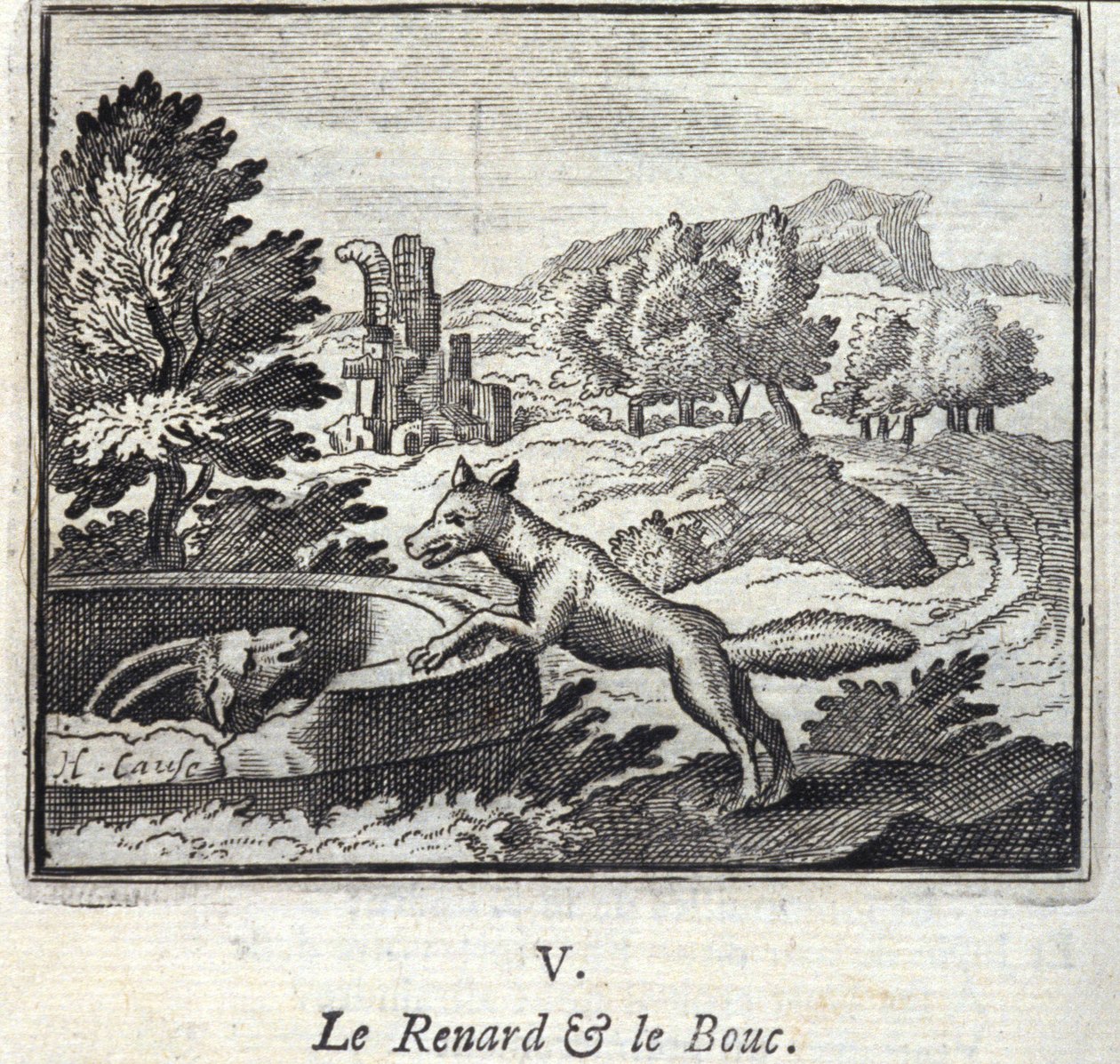 ジャン・ド・ラ・フォンテーヌ（1621-95）の寓話『キツネとボウシ』。挿絵はフランソワ・ショーボー（1613-1676）。1728年の版。 作： フランソワ・ショーボー
