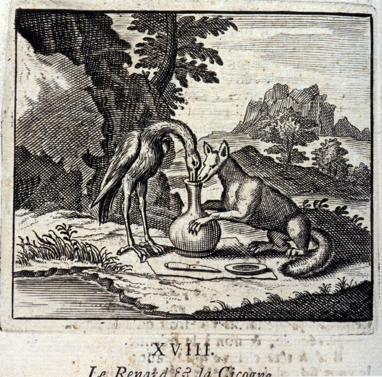 ジャン・ド・ラ・フォンテーヌ（1621-95）の寓話集『キツネとシゴーニュ』。挿絵はFrançois Chauveau（1613-1676）。1728年の版。 作： フランソワ・ショーボー
