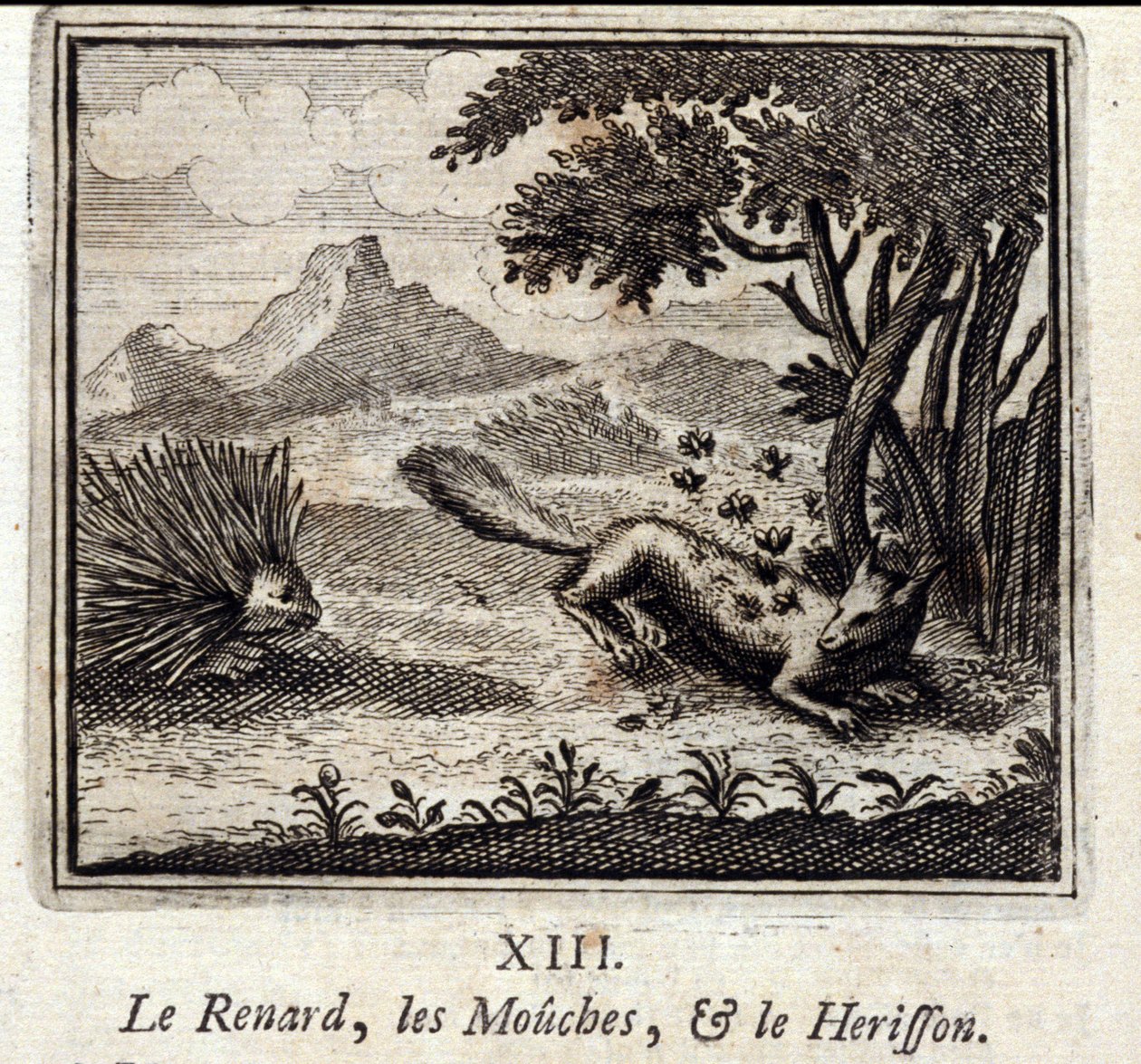 キツネとハエとヘリソン」。ジャン・ド・ラ・フォンテーヌ（1621-95）の寓話。挿絵はフランソワ・ショーボー（1613-1676）。1728年の版。 作： フランソワ・ショーボー