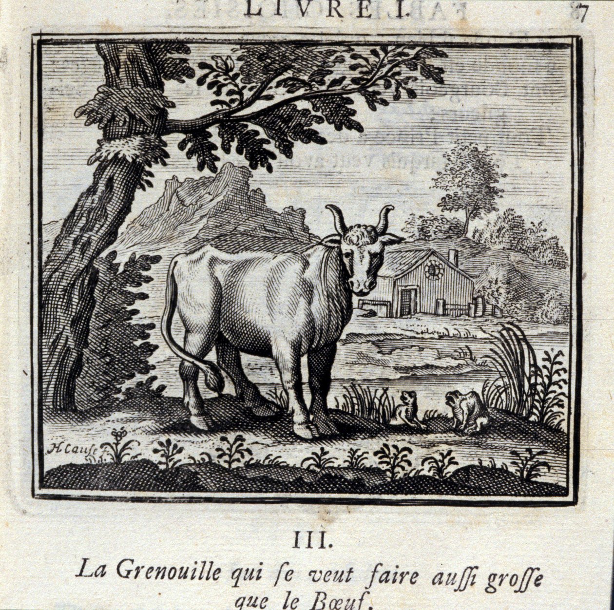 牛肉のように大きくなりたいカエル。ジャン・ド・ラ・フォンテーヌ（1621-95）の寓話。挿絵はフランソワ・ショーボー（1613-1676）。1728年の版。 作： フランソワ・ショーボー