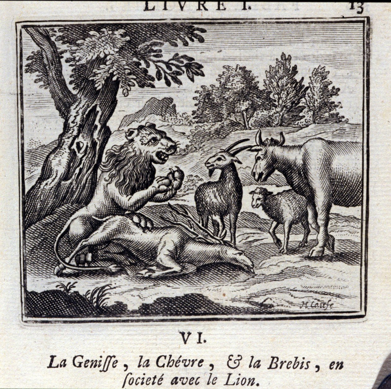 ライオンと社会を共にするゲニース・ザ・ゴーブと羊。ジャン・ド・ラ・フォンテーヌ（1621-95）の寓話。挿絵はフランソワ・ショーボー（1613-1676）。1728年の版。 作： フランソワ・ショーボー