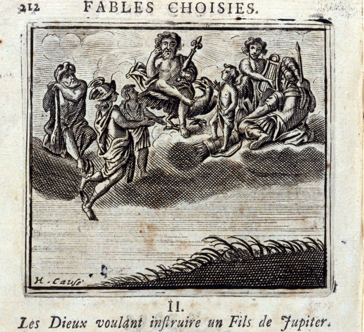 神々はジュピターの息子を教えようとする。ジャン・ド・ラ・フォンテーヌ（1621-95）の寓話。挿絵はフランソワ・ショーボー（1613-1676）。1728年の版。 作： フランソワ・ショーボー