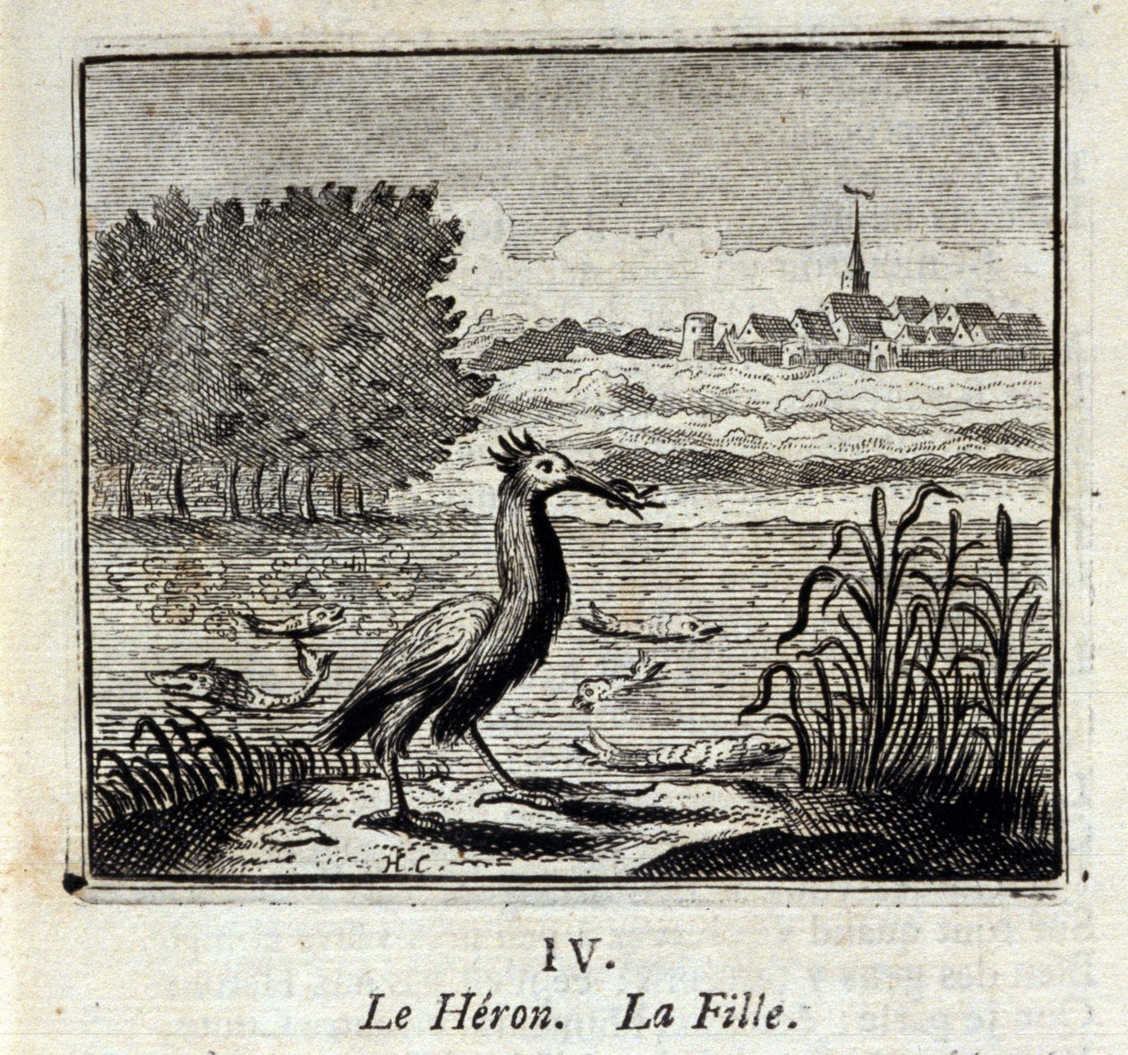 鷺です。ジャン・ド・ラ・フォンテーヌ（1621-95）の寓話。挿絵はフランソワ・ショーボー（1613-1676）。1728年の版。 作： フランソワ・ショーボー
