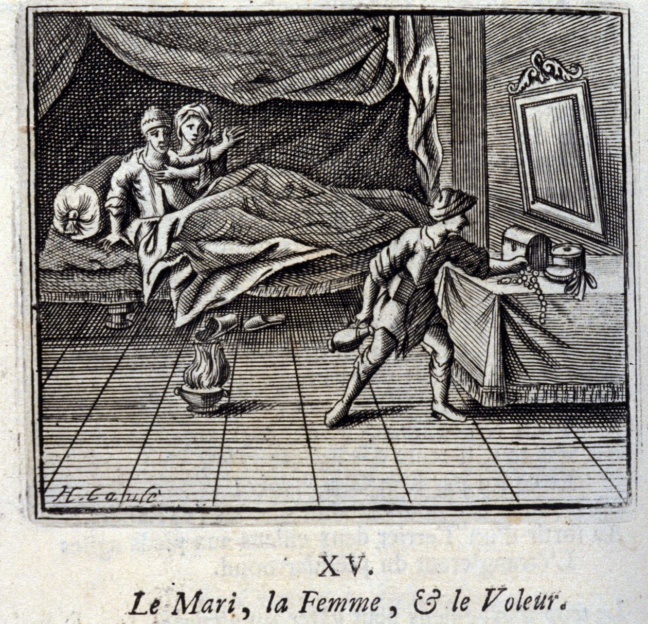 夫、女、そして泥棒。ジャン・ド・ラ・フォンテーヌ（1621-95）の寓話。挿絵はフランソワ・ショーボー（1613-1676）。1728年の版。 作： フランソワ・ショーボー