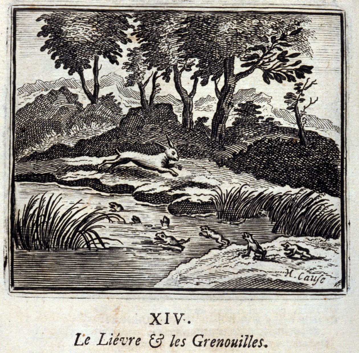 リーヴルとカエル。ジャン・ド・ラ・フォンテーヌ（1621-95）の寓話。挿絵はフランソワ・ショーボー（1613-1676）。1728年の版。 作： フランソワ・ショーボー