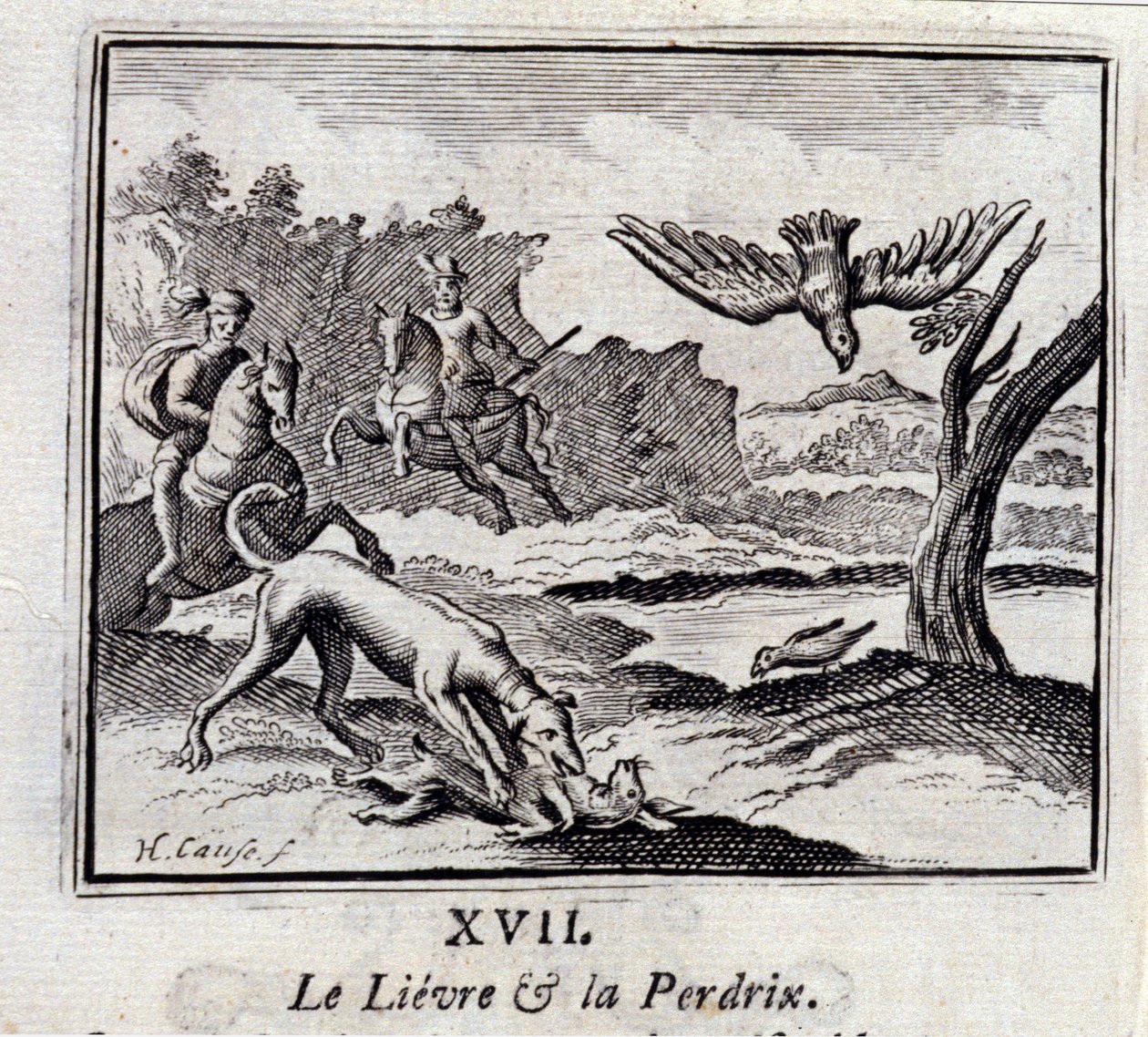 ジャン・ド・ラ・フォンテーヌ（1621-95）の寓話「リーヴルとパルデリクス」。挿絵はFrançois Chauveau（1613-1676）。1728年の版。 作： フランソワ・ショーボー