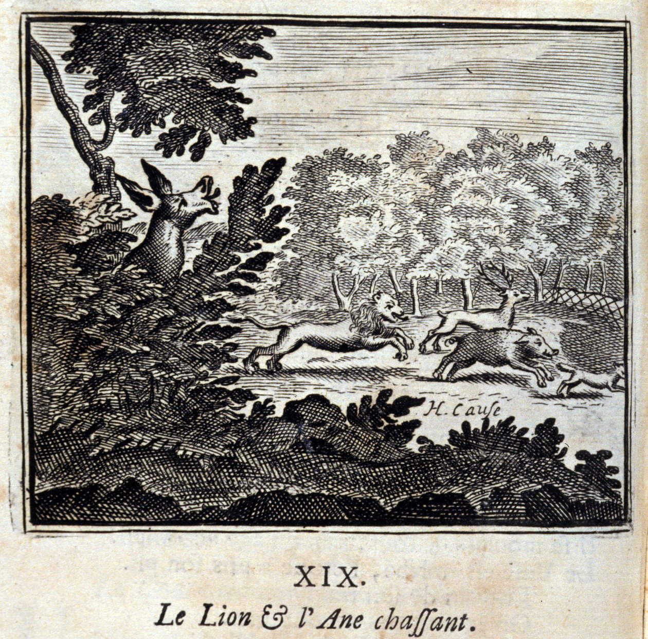 ライオンとロバの狩り。ジャン・ド・ラ・フォンテーヌ（1621-95）の寓話。挿絵はフランソワ・ショーボー（1613-1676）。1728年の版。 作： フランソワ・ショーボー