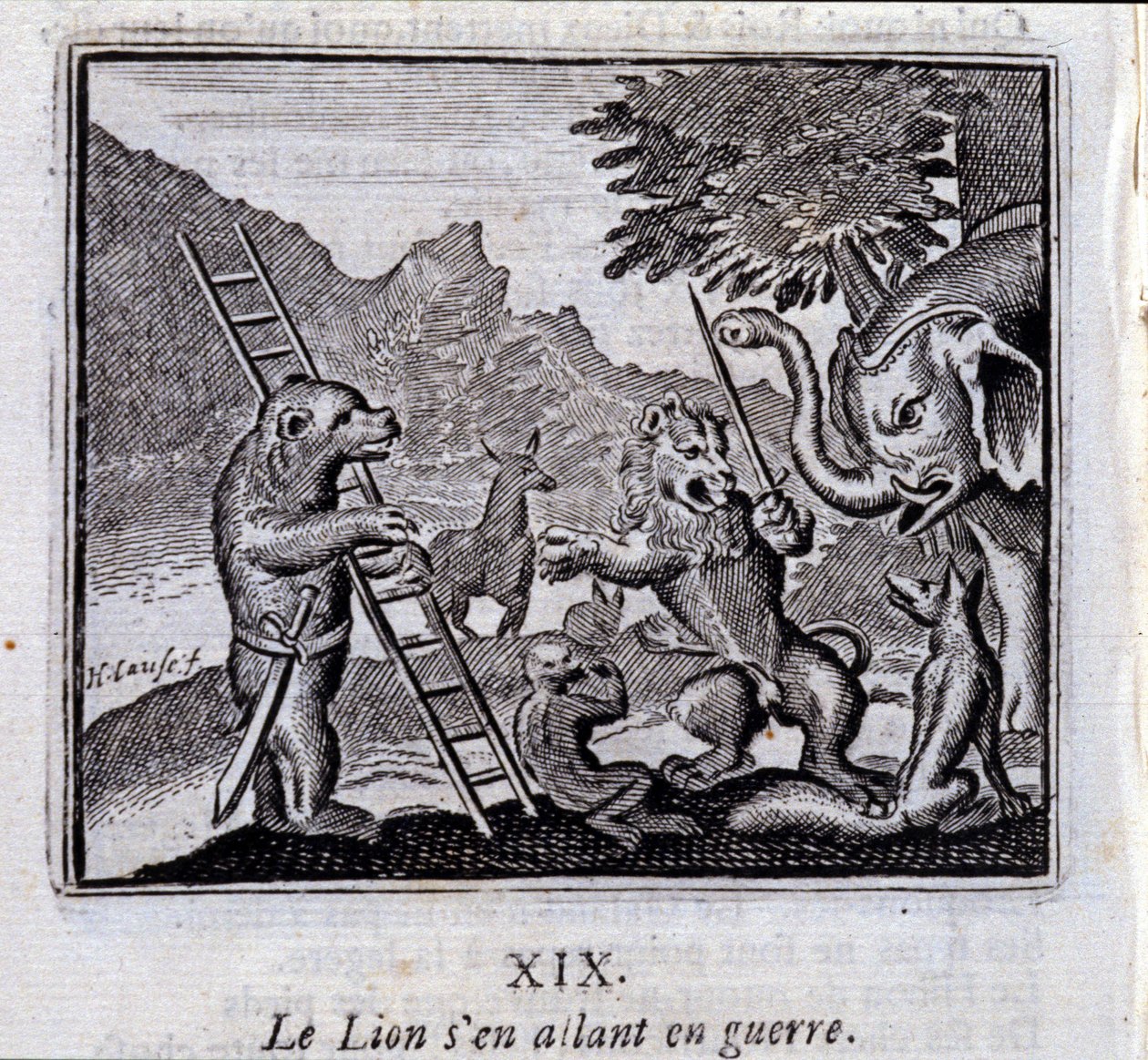 戦争に行くライオン。ジャン・ド・ラ・フォンテーヌ（1621-95）の寓話。挿絵はフランソワ・ショーボー（1613-1676）。1728年の版。 作： フランソワ・ショーボー