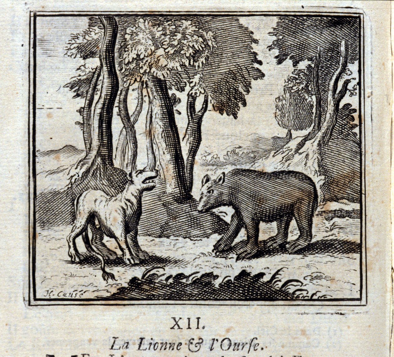 ライオン娘と熊。ジャン・ド・ラ・フォンテーヌ（1621-95）の寓話。挿絵はフランソワ・ショーボー（1613-1676）。1728年の版。 作： フランソワ・ショーボー
