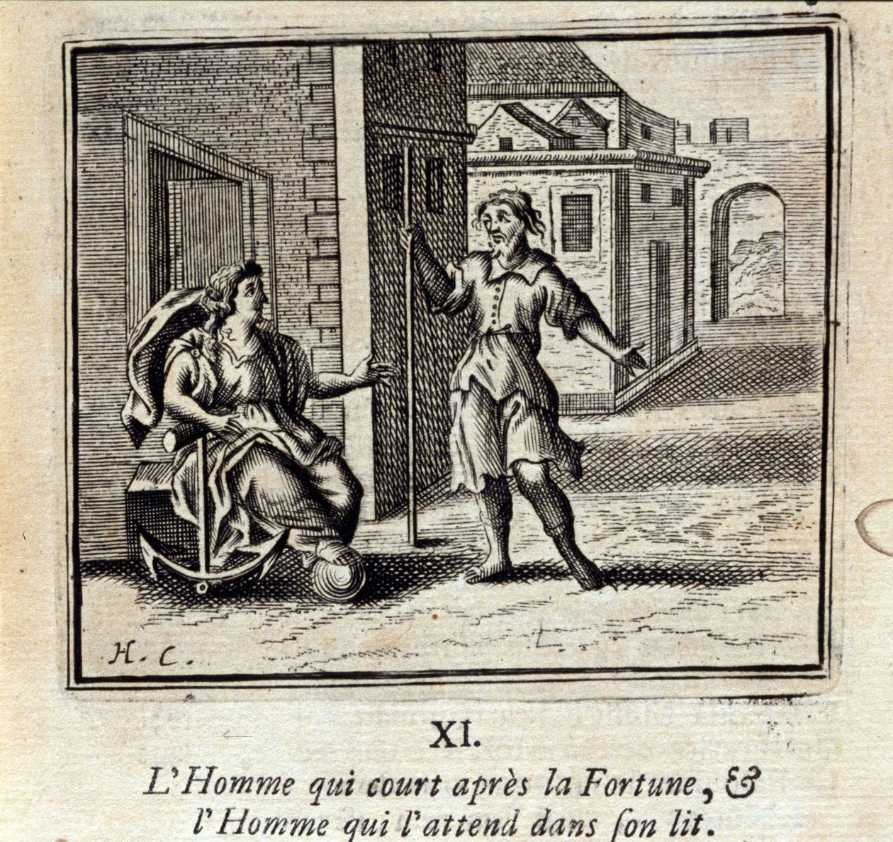 フォーチュンを追いかけて走る男と、ベッドで待つ男。ジャン・ド・ラ・フォンテーヌ（1621-95）の寓話。挿絵はフランソワ・ショーボー（1613-1676）。1728年の版。 作： フランソワ・ショーボー