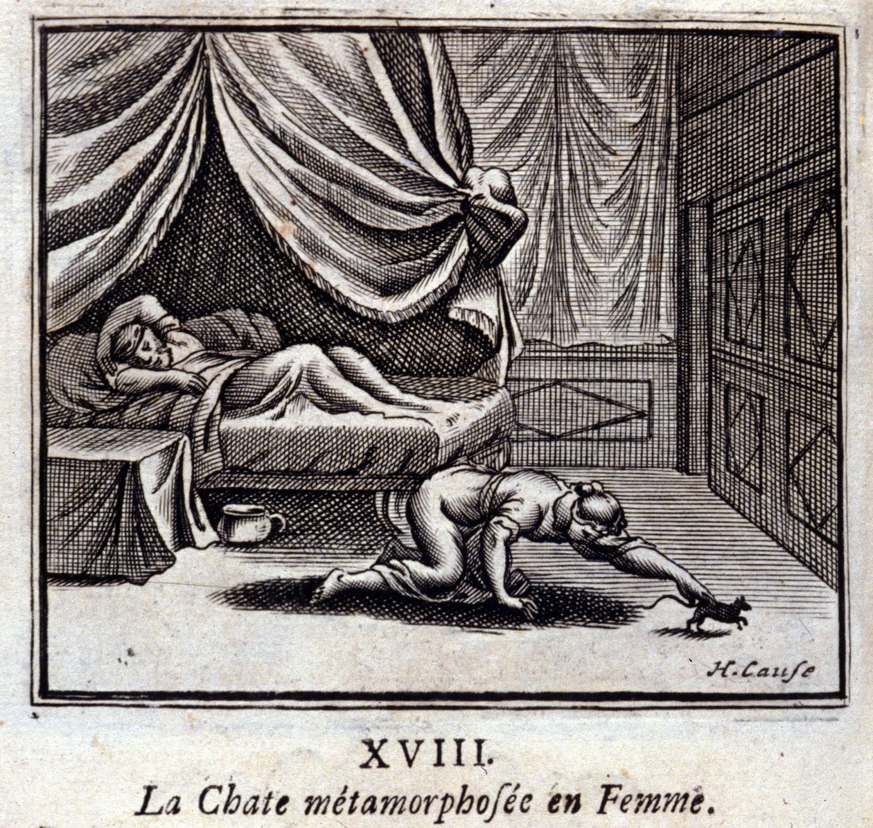 女の中の変身した猫。ジャン・ド・ラ・フォンテーヌ（1621-95）の寓話。挿絵はフランソワ・ショーボー（1613-1676）。1728年の版。 作： フランソワ・ショーボー