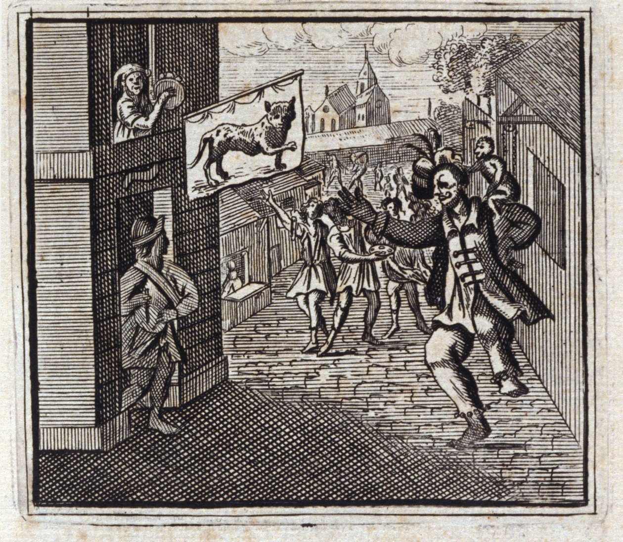 猿と豹。ジャン・ド・ラ・フォンテーヌ（1621-95）の寓話。挿絵はフランソワ・ショーボー（1613-1676）。1728年の版。 作： フランソワ・ショーボー