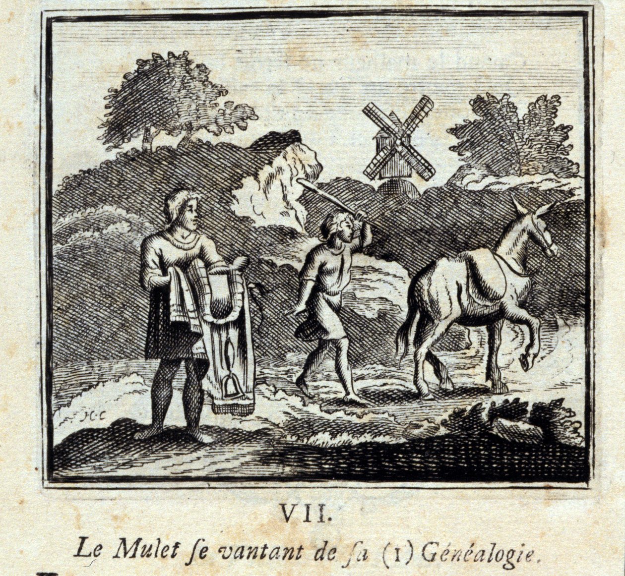 自分の系譜を自慢するマレット。ジャン・ド・ラ・フォンテーヌ（1621-95）の寓話。挿絵はフランソワ・ショーボー（1613-1676）。1728年の版。 作： フランソワ・ショーボー