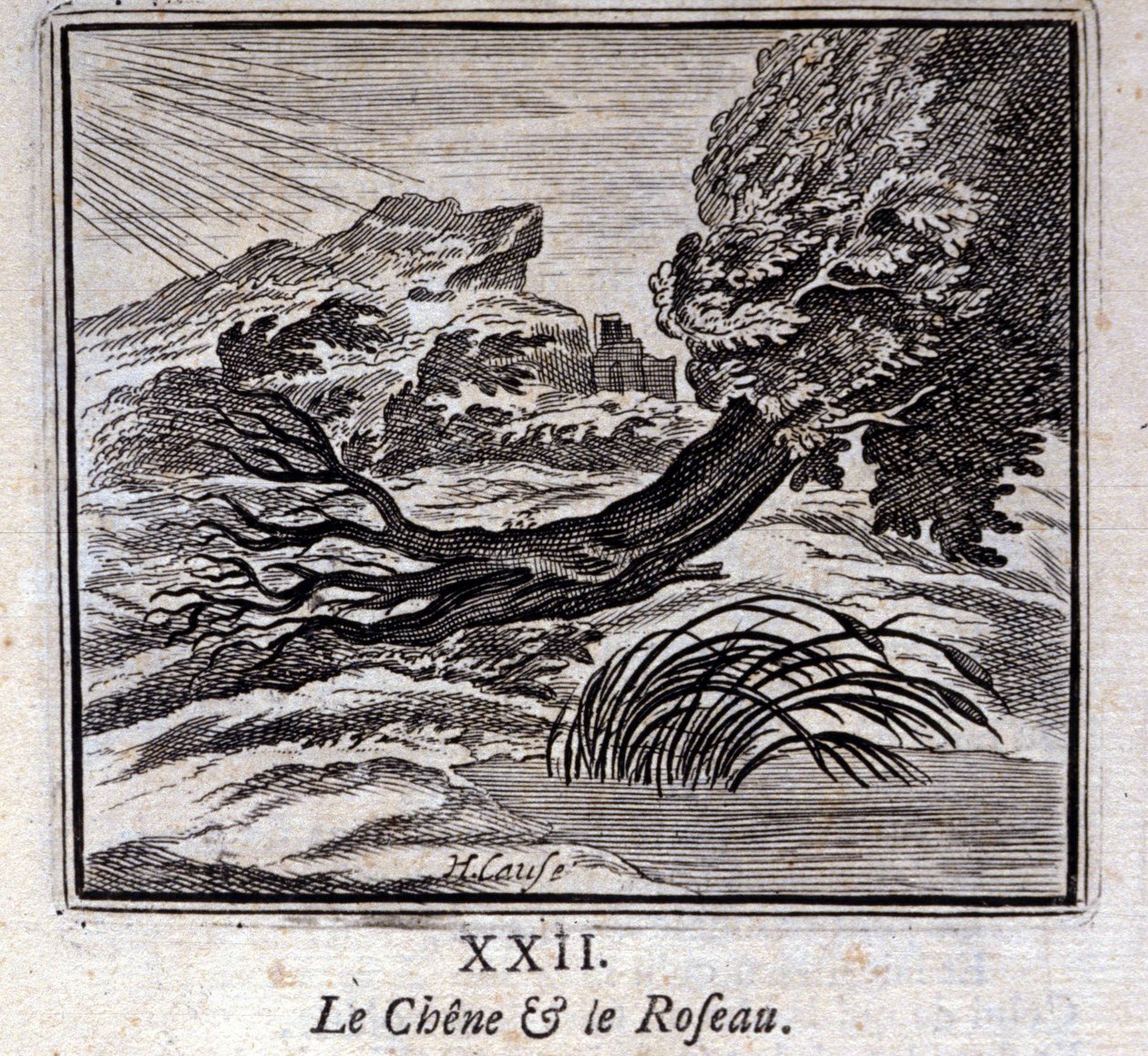 樫と葦。ジャン・ド・ラ・フォンテーヌ（1621-95）の寓話。挿絵はフランソワ・ショーボー（1613-1676）。1728年の版。 作： フランソワ・ショーボー
