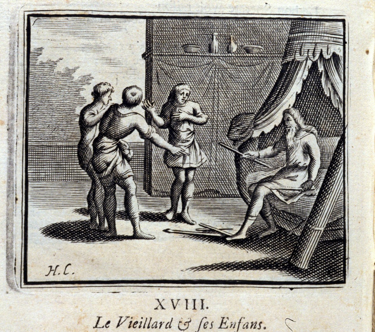 老人とその子供たちジャン・ド・ラ・フォンテーヌ（1621-95）の寓話。挿絵はフランソワ・ショーボー（1613-1676）。1728年の版。 作： フランソワ・ショーボー