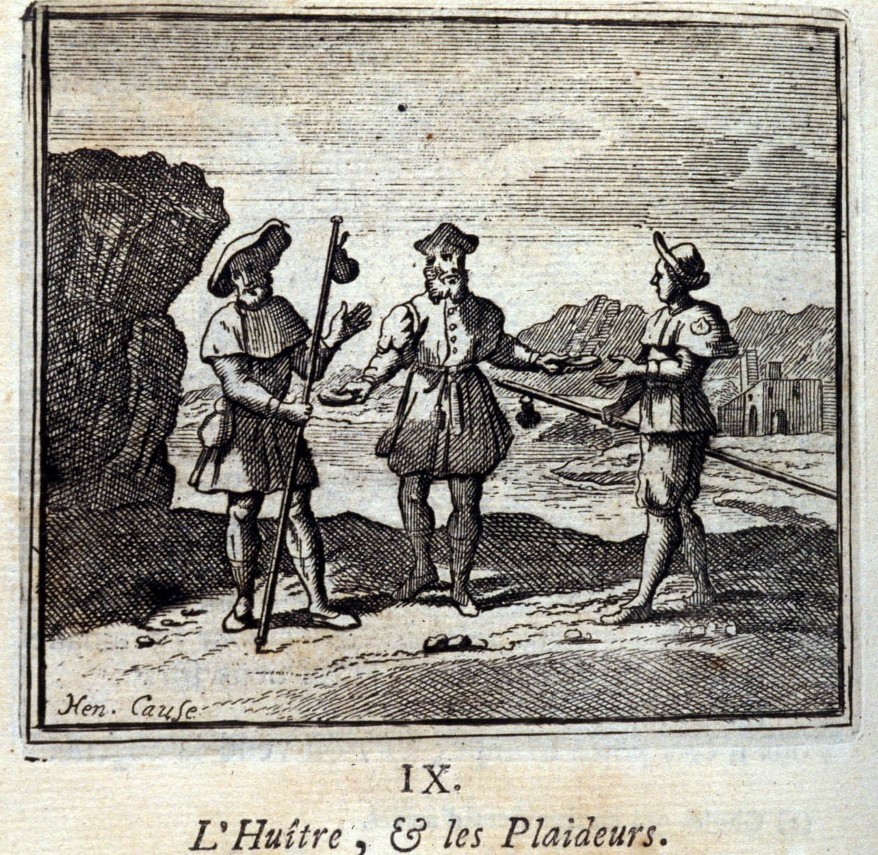牡蠣と訴訟者たちジャン・ド・ラ・フォンテーヌ（1621-95）の寓話。挿絵はフランソワ・ショーボー（1613-1676）。1728年の版。 作： フランソワ・ショーボー
