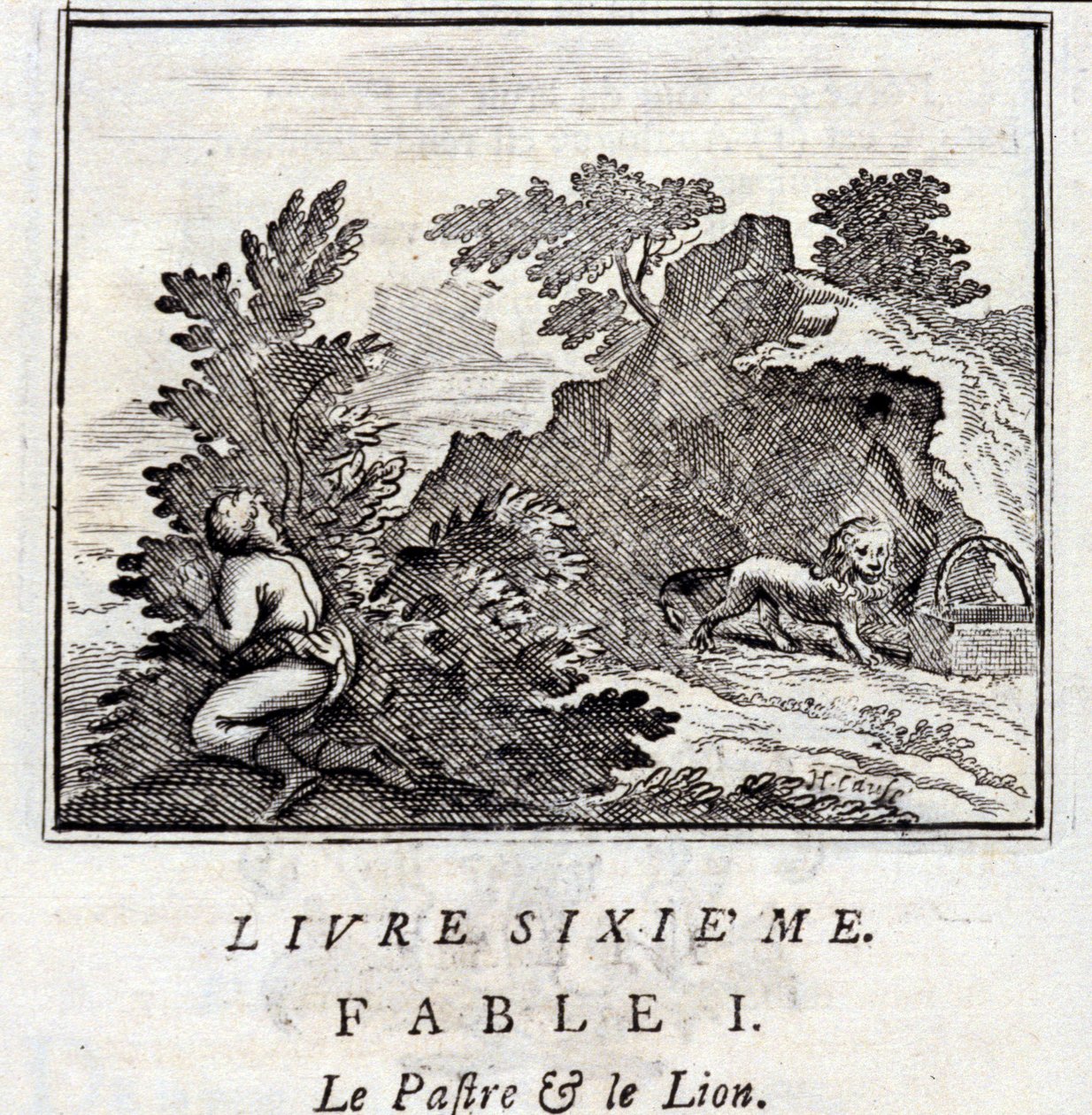 パトラとライオン。ジャン・ド・ラ・フォンテーヌ（1621-95）の寓話。挿絵はフランソワ・ショーボー（1613-1676）。1728年の版。 作： フランソワ・ショーボー