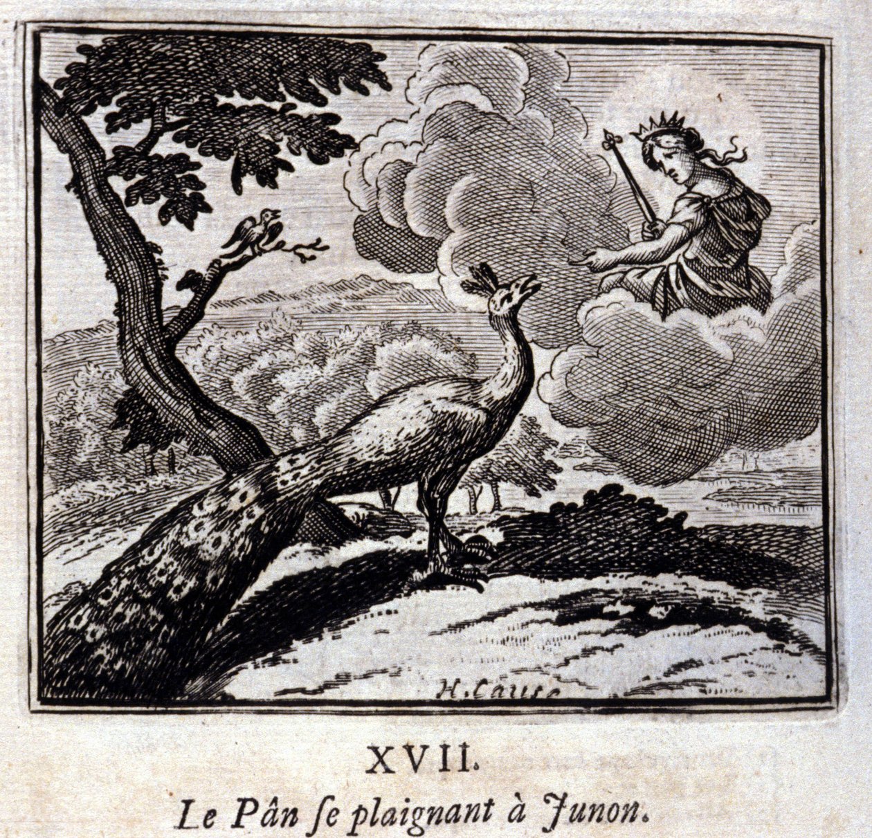 ジュノンに文句を言う孔雀。ジャン・ド・ラ・フォンテーヌ（1621-95）の寓話。挿絵はフランソワ・ショーボー（1613-1676）。1728年の版。 作： フランソワ・ショーボー