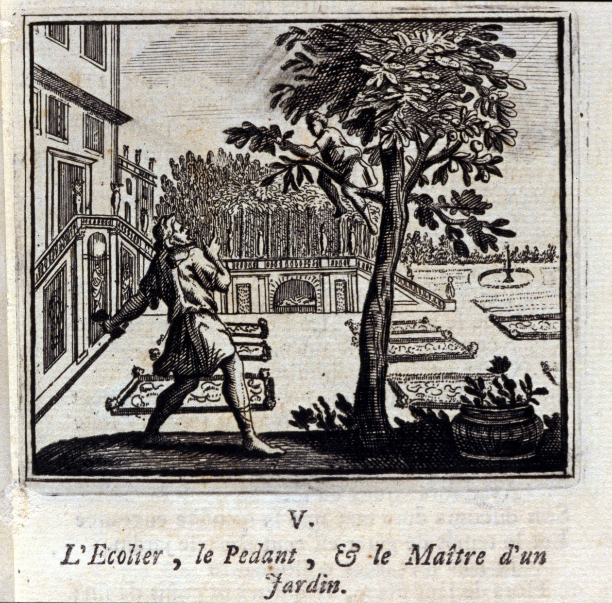 女衒学校と庭師。ジャン・ド・ラ・フォンテーヌ（1621-95）の寓話。挿絵はフランソワ・ショーボー（1613-1676）。1728年の版。 作： フランソワ・ショーボー