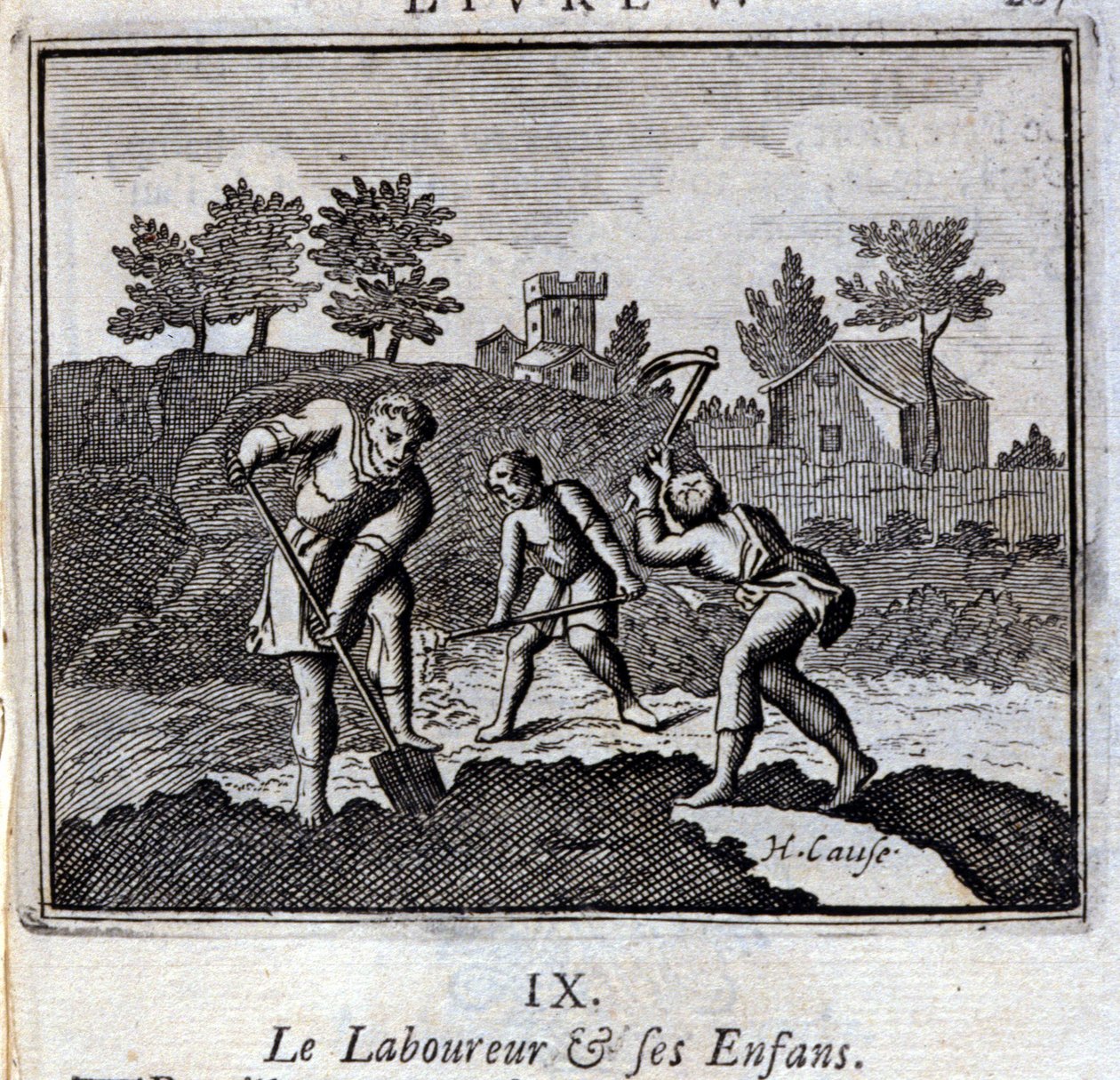The Ploureur and his Enfants」です。ジャン・ド・ラ・フォンテーヌ（1621-95）の寓話集。フランソワ・ショーボー（1613-1676）によるイラスト。1728年の版。 作： フランソワ・ショーボー