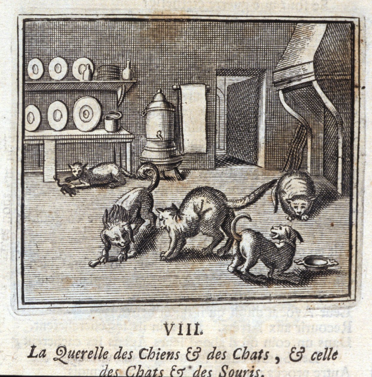 犬と猫のケレル」「猫とネズミのケレル」。ジャン・ド・ラ・フォンテーヌ（1621-95）の寓話集。挿絵はフランソワ・ショーボー（1613-1676）。1728年の版。 作： フランソワ・ショーボー