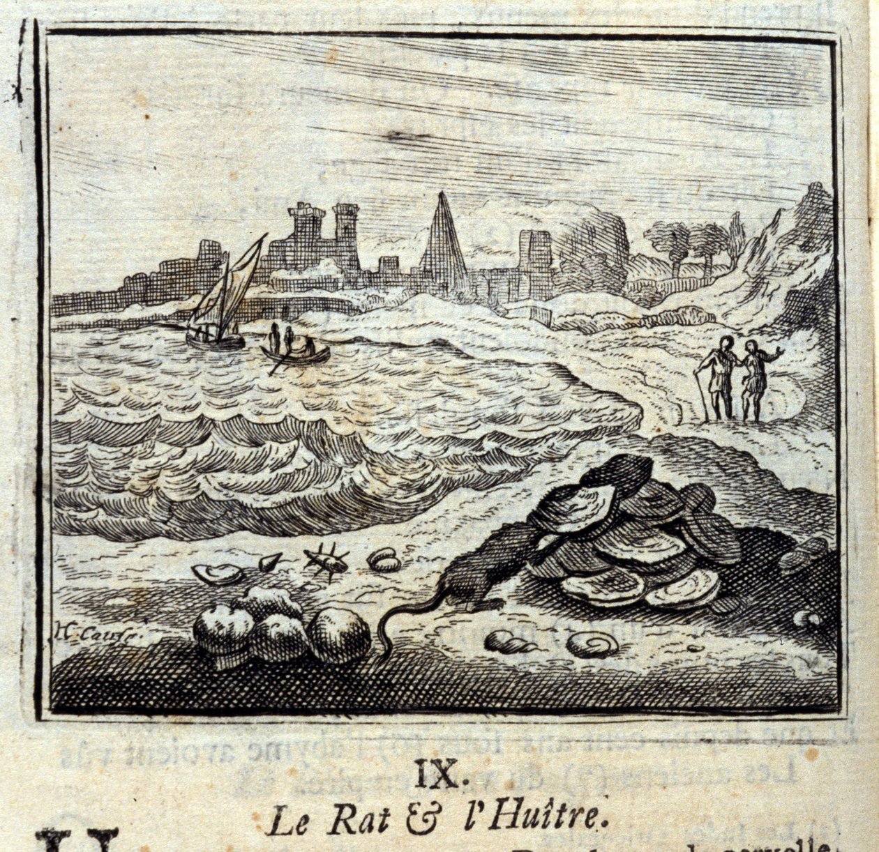 ジャン・ド・ラ・フォンテーヌ（1621-95）の寓話「ネズミとオイヤー」。挿絵はFrançois Chauveau（1613-1676）。1728年の版。 作： フランソワ・ショーボー