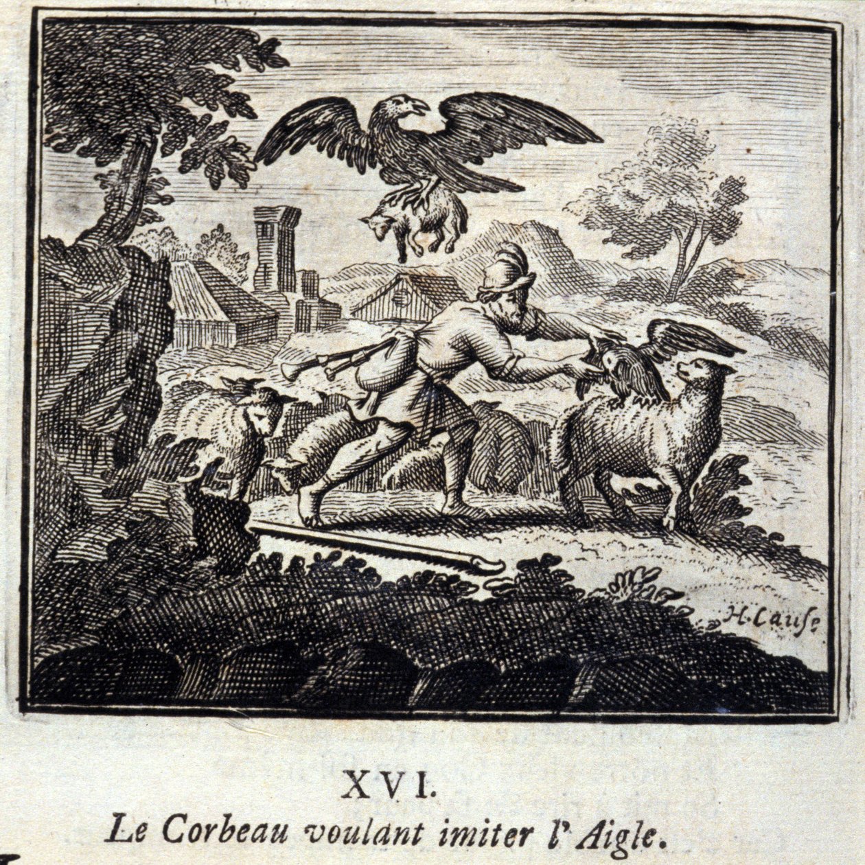 ワシの真似をしたいカラス。ジャン・ド・ラ・フォンテーヌ（1621-95）の寓話。挿絵はフランソワ・ショーボー（1613-1676）。1728年の版。 作： フランソワ・ショーボー