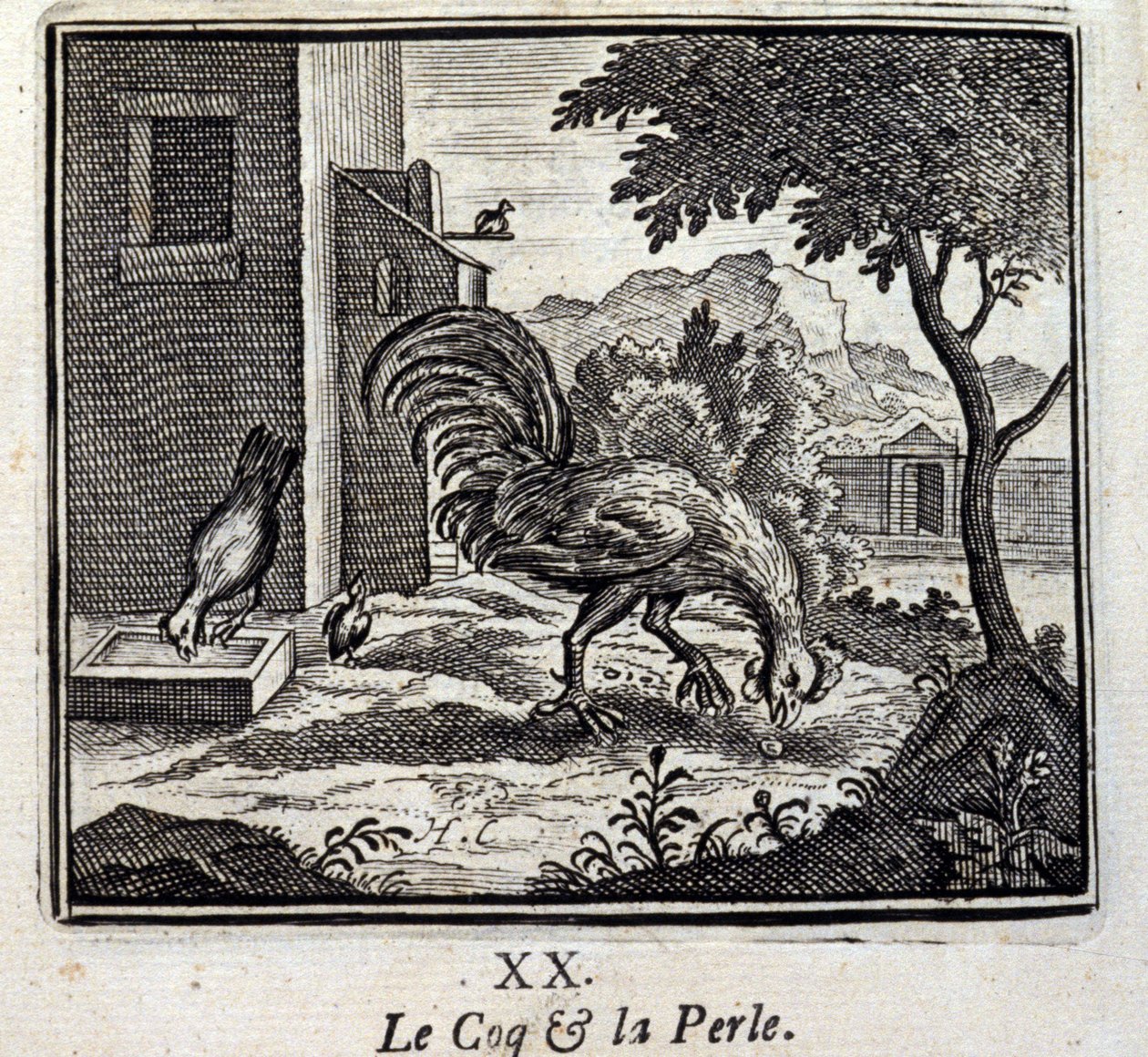 雄鶏と真珠。ジャン・ド・ラ・フォンテーヌ（1621-95）の寓話。挿絵はフランソワ・ショーボー（1613-1676）。1728年の版。 作： フランソワ・ショーボー
