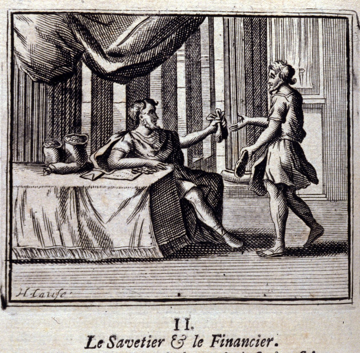 節約家と発見家。ジャン・ド・ラ・フォンテーヌ（1621-95）の寓話。挿絵はフランソワ・ショーボー（1613-1676）。1728年の版。 作： フランソワ・ショーボー