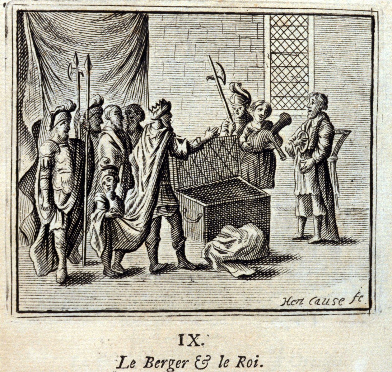 羊飼いと王様。ジャン・ド・ラ・フォンテーヌ（1621-95）の寓話。挿絵はフランソワ・ショーボー（1613-1676）。1728年の版。 作： フランソワ・ショーボー