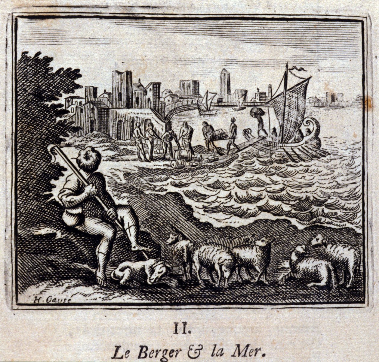 羊飼いと海」。ジャン・ド・ラ・フォンテーヌ（1621-95）の寓話。挿絵はフランソワ・ショーボー（1613-1676）。1728年の版。 作： フランソワ・ショーボー