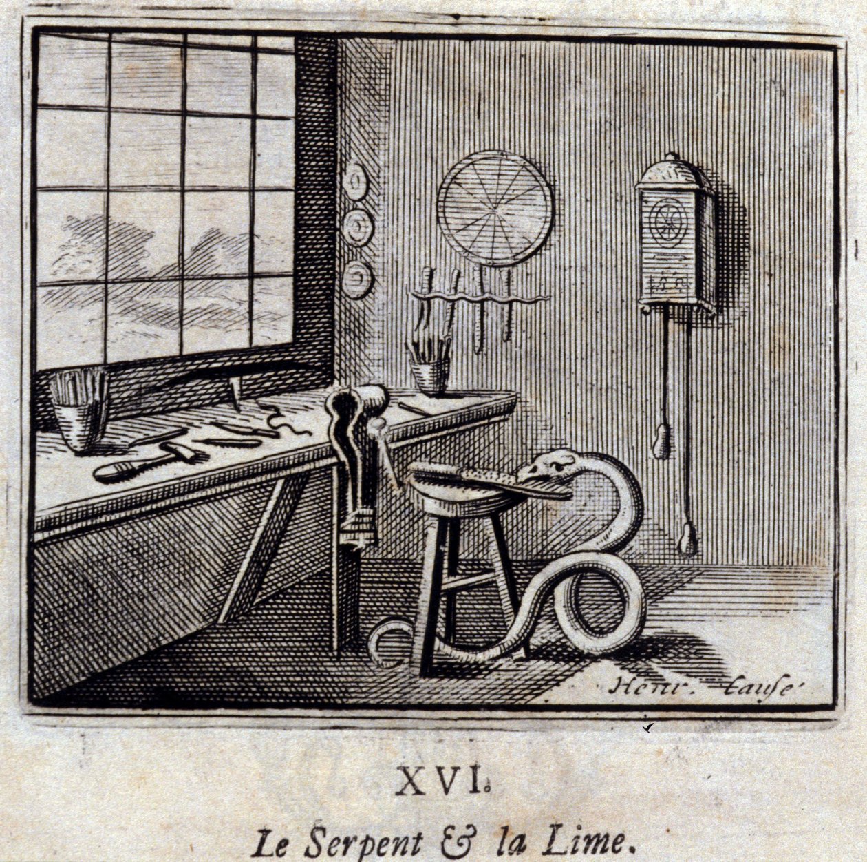 ジャン・ド・ラ・フォンテーヌ（1621-95）の寓話「蛇と石灰」。挿絵はFrançois Chauveau（1613-1676）。1728年の版。 作： フランソワ・ショーボー