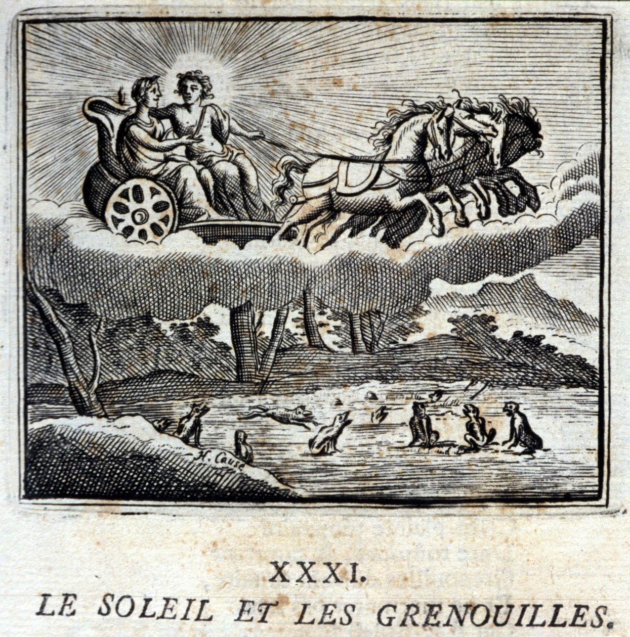 太陽とカエル。ジャン・ド・ラ・フォンテーヌ（1621-95）の寓話。挿絵はフランソワ・ショーボー（1613-1676）。1728年の版。 作： フランソワ・ショーボー