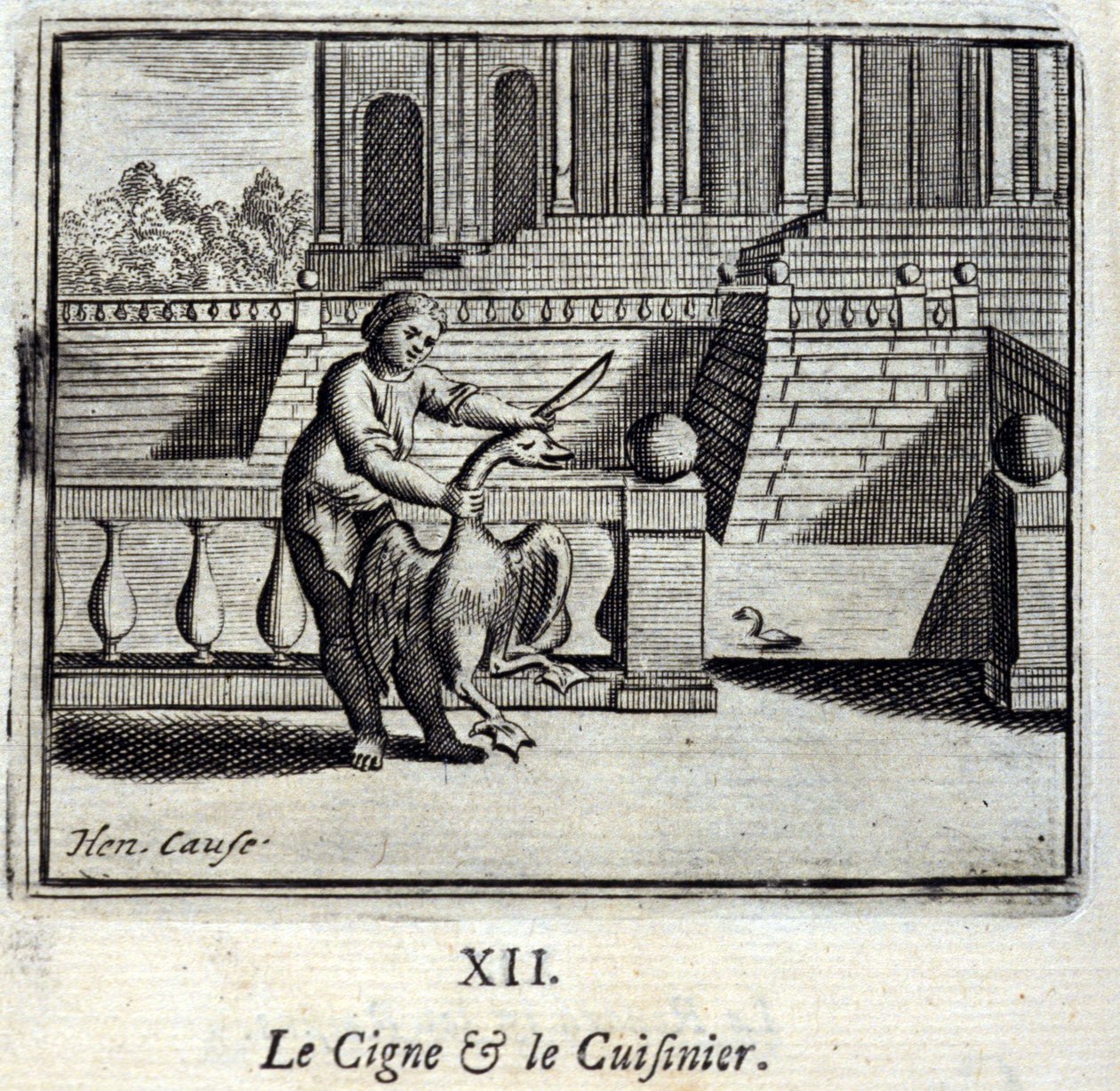 白鳥と料理人。ジャン・ド・ラ・フォンテーヌ（1621-95）の寓話。挿絵はフランソワ・ショーボー（1613-1676）。1728年の版。 作： フランソワ・ショーボー