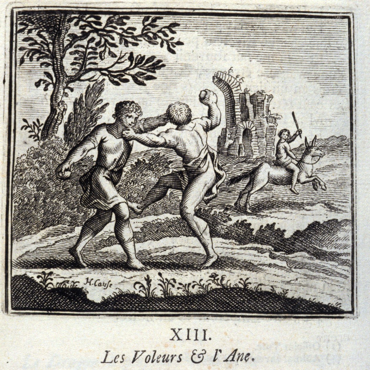 ジャン・ド・ラ・フォンテーヌ（1621-95）の寓話『盗賊とアネ』。挿絵はフランソワ・ショーボー（1613-1676）。1728年の版。 作： フランソワ・ショーボー