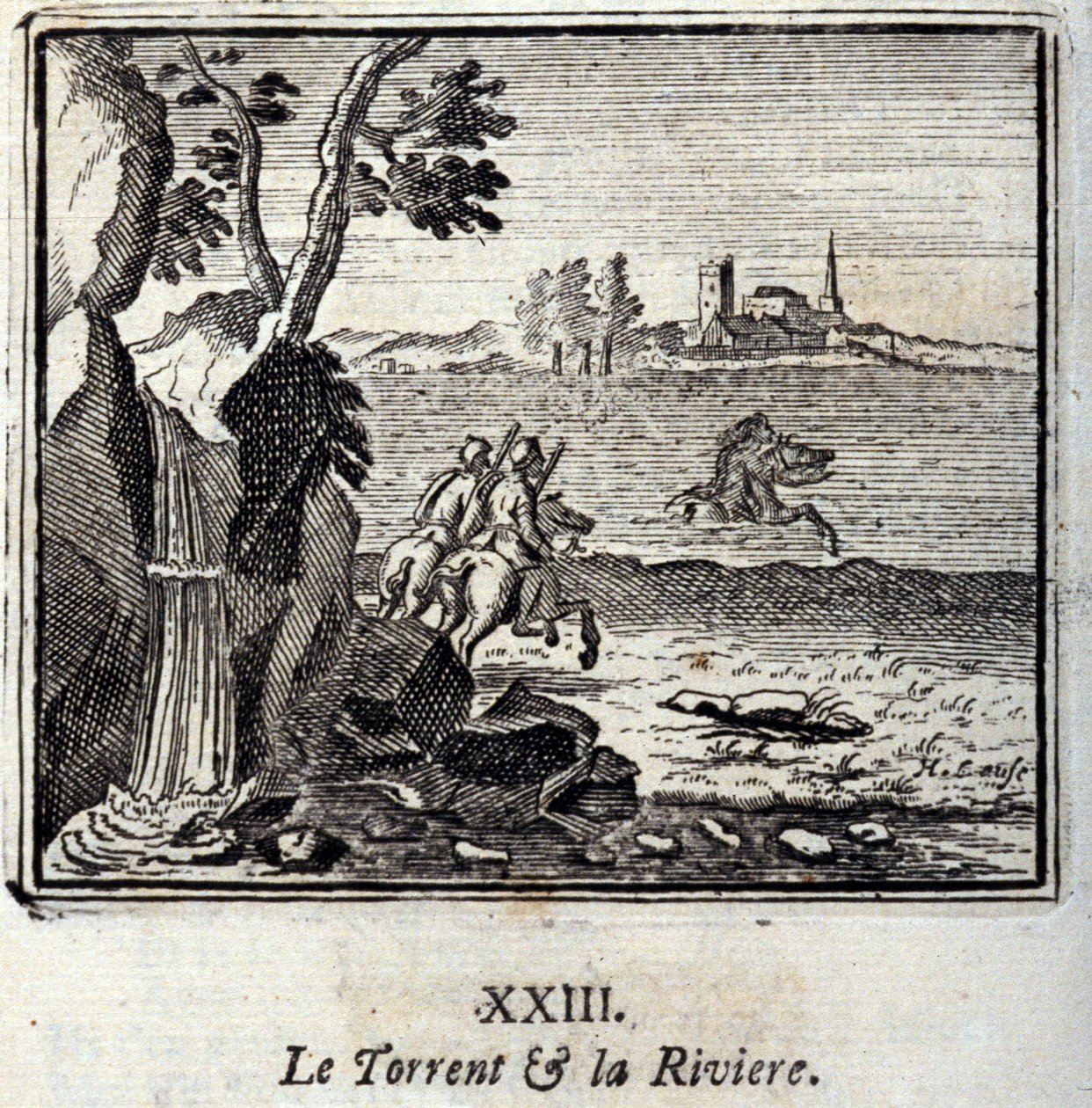 トレントとリヴィエール。ジャン・ド・ラ・フォンテーヌ（1621-95）の寓話。挿絵はフランソワ・ショーボー（1613-1676）。1728年の版。 作： フランソワ・ショーボー