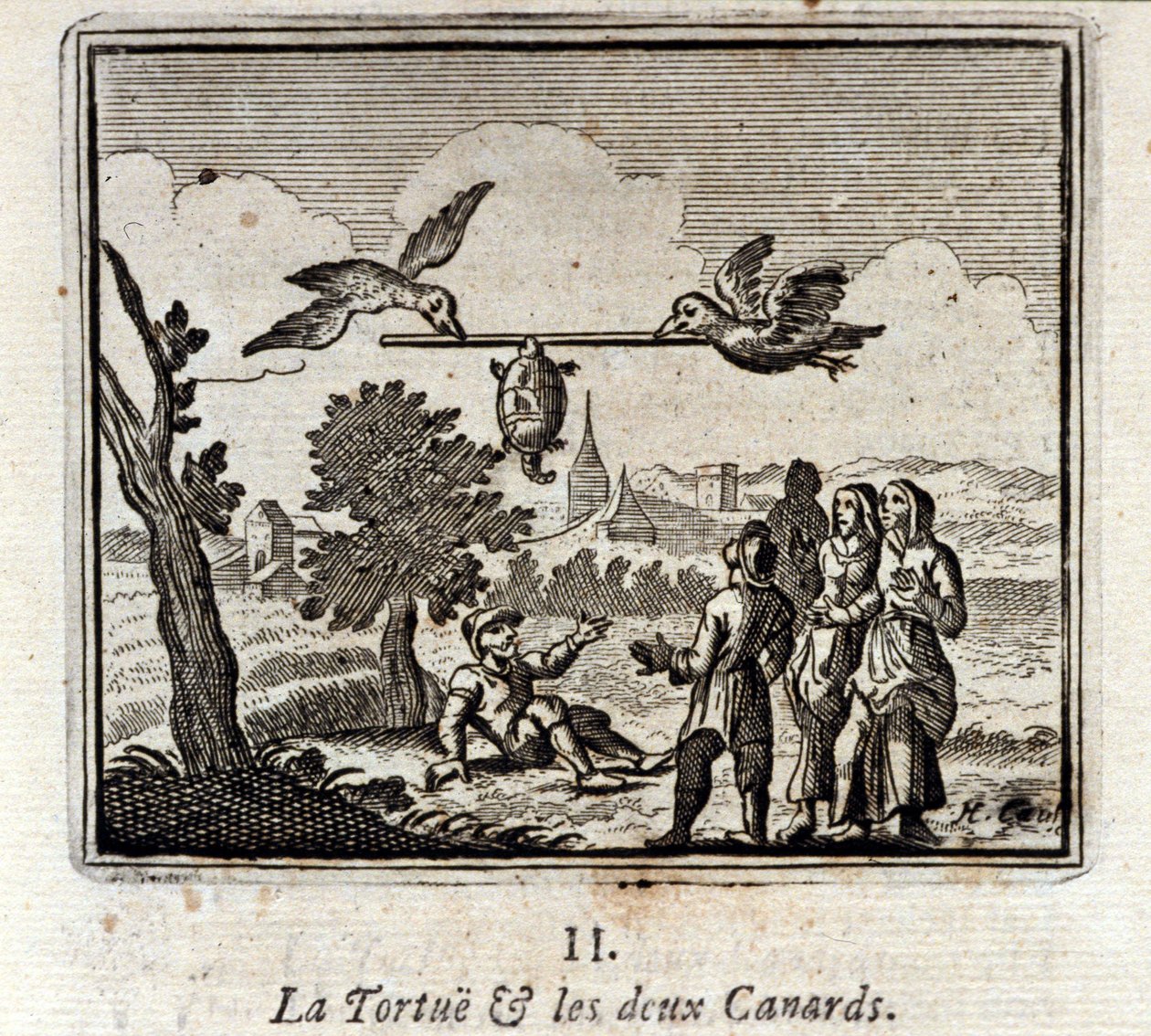 カメと2羽のアヒル。ジャン・ド・ラ・フォンテーヌ（1621-95）の寓話。挿絵はフランソワ・ショーボー（1613-1676）。1728年の版。 作： フランソワ・ショーボー