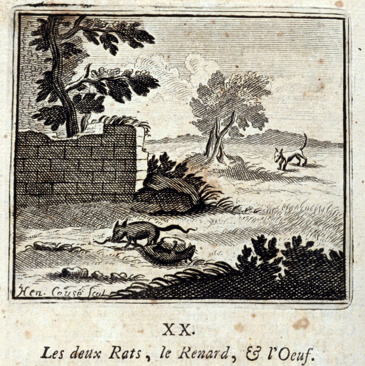 二匹のネズミとキツネとタマゴ。ジャン・ド・ラ・フォンテーヌ（1621-95）の寓話。挿絵はフランソワ・ショーボー（1613-1676）。1728年の版。 作： フランソワ・ショーボー
