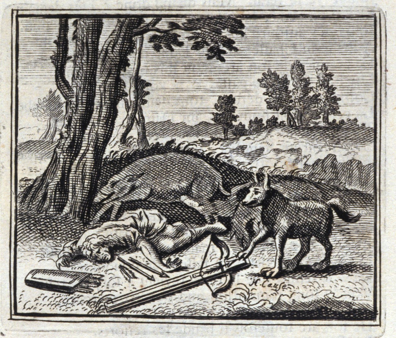 狼と狩人。ジャン・ド・ラ・フォンテーヌ（1621-95）の寓話。挿絵はフランソワ・ショーボー（1613-1676）。1728年の版。 作： フランソワ・ショーボー
