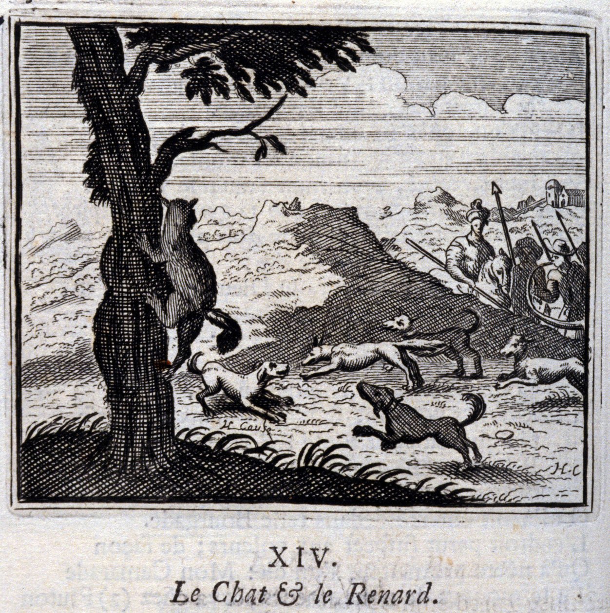 ネコとキツネ。ジャン・ド・ラ・フォンテーヌ（1621-95）の寓話。挿絵はフランソワ・ショーボー（1613-1676）。1728年の版。 作： フランソワ・ショーボー
