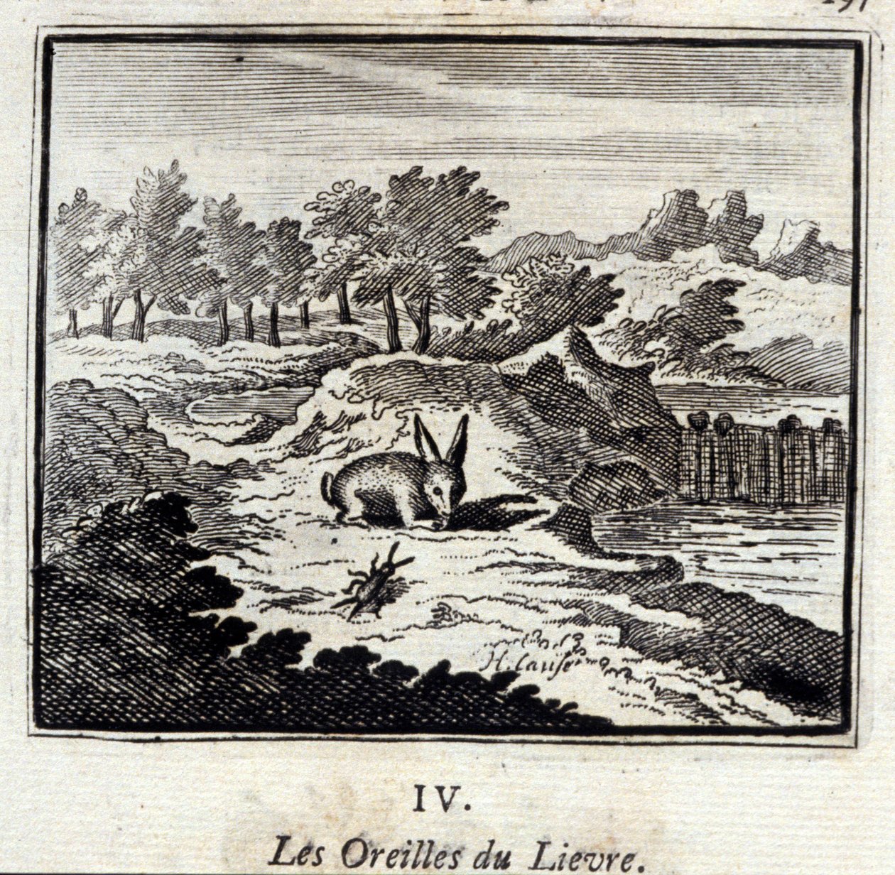 リーヴルの耳。ジャン・ド・ラ・フォンテーヌ（1621-95）の寓話。挿絵はフランソワ・ショーボー（1613-1676）。1728年の版。 作： フランソワ・ショーボー