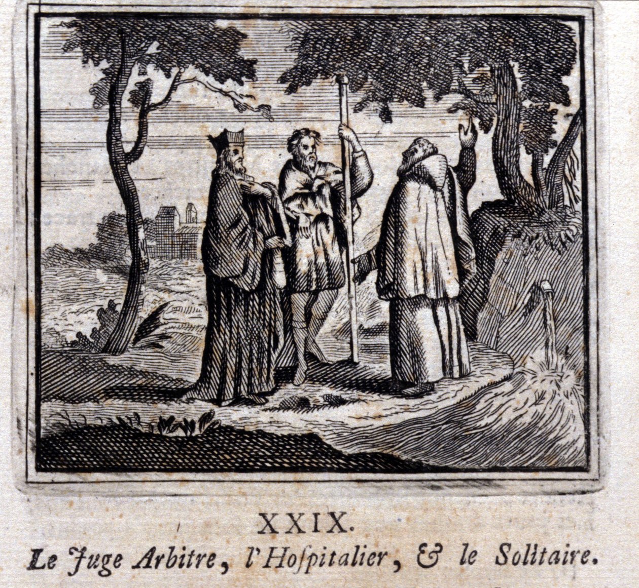 裁判官はホスピタリテとソリティアを審判する。ジャン・ド・ラ・フォンテーヌ（1621-95）の寓話。挿絵はフランソワ・ショーボー（1613-1676）。1728年の版。 作： フランソワ・ショーボー