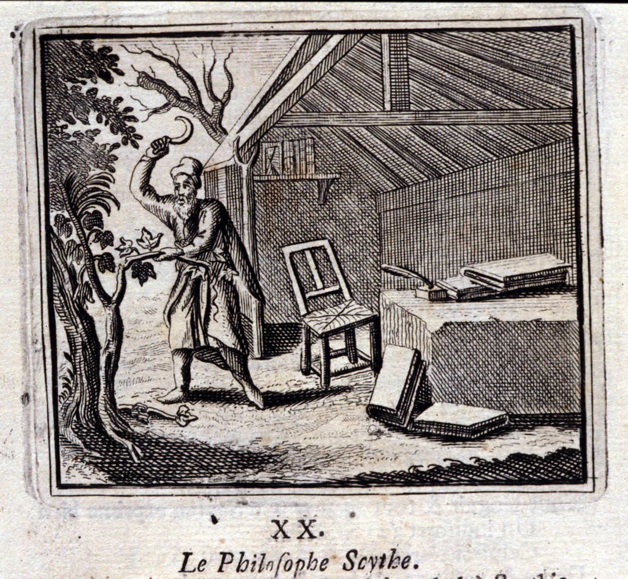 哲学者のサイス。ジャン・ド・ラ・フォンテーヌ（1621-95）の寓話。挿絵はフランソワ・ショーボー（1613-1676）。1728年の版。 作： フランソワ・ショーボー