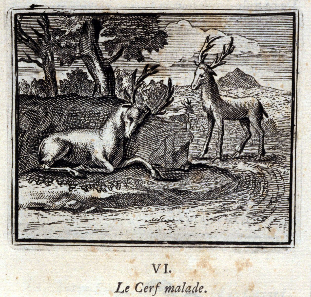 病気の鹿。ジャン・ド・ラ・フォンテーヌ（1621-95）の寓話。挿絵はフランソワ・ショーボー（1613-1676）。1728年の版。 作： フランソワ・ショーボー