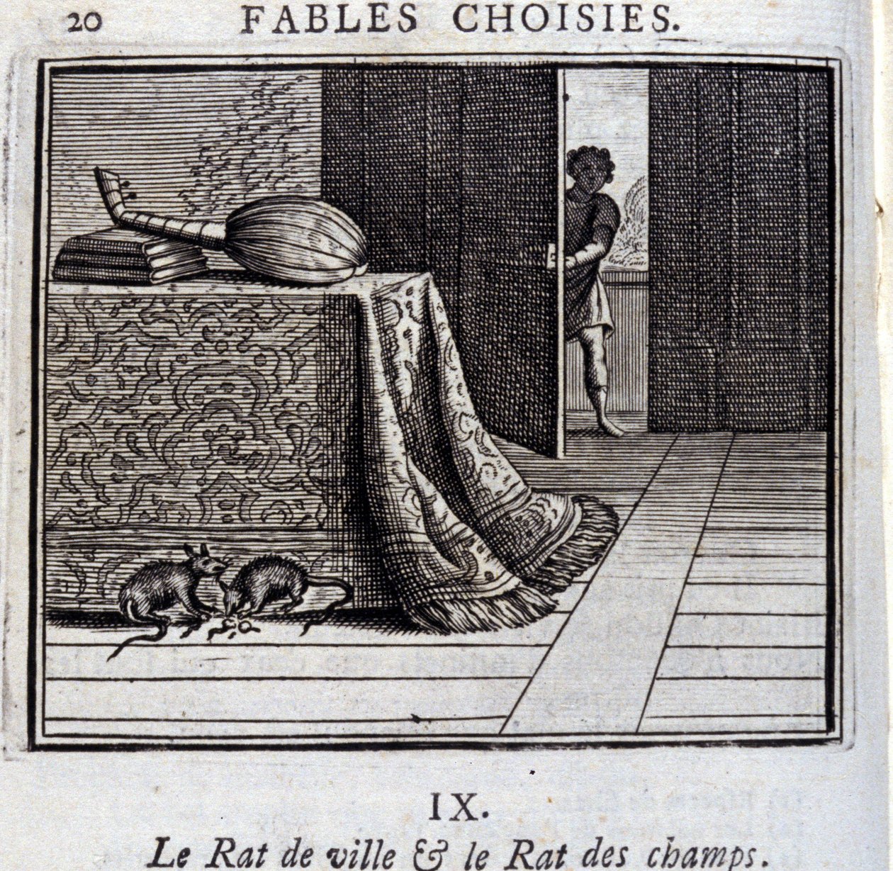 町のネズミと畑のネズミ。ジャン・ド・ラ・フォンテーヌ（1621-95）の寓話。挿絵はフランソワ・ショーボー（1613-1676）。1728年の版。 作： フランソワ・ショーボー