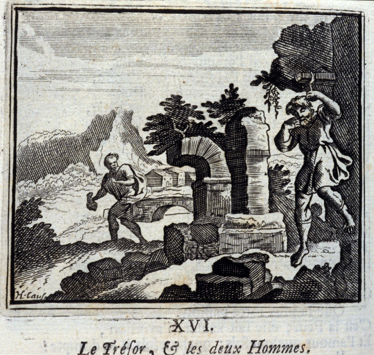 会計係と二人の男。ジャン・ド・ラ・フォンテーヌ（1621-95）の寓話。挿絵はフランソワ・ショーボー（1613-1676）。1728年の版。 作： フランソワ・ショーボー