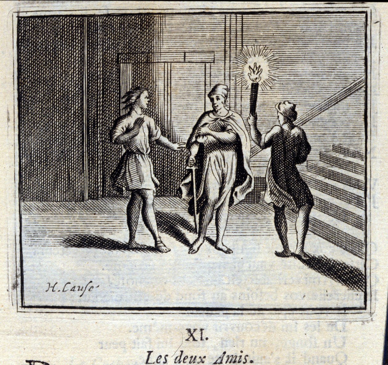 二人の友人。ジャン・ド・ラ・フォンテーヌ（1621-95）の寓話。挿絵はフランソワ・ショーボー（1613-1676）。1728年の版。 作： フランソワ・ショーボー