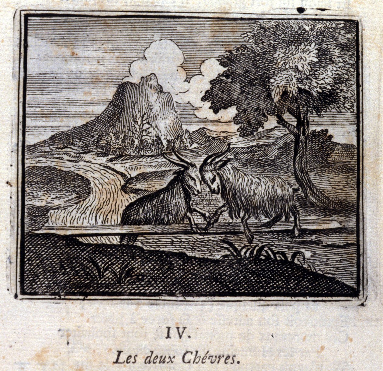 二匹のヤギ。ジャン・ド・ラ・フォンテーヌ（1621-95）の寓話。挿絵はフランソワ・ショーボー（1613-1676）。1728年の版。 作： フランソワ・ショーボー