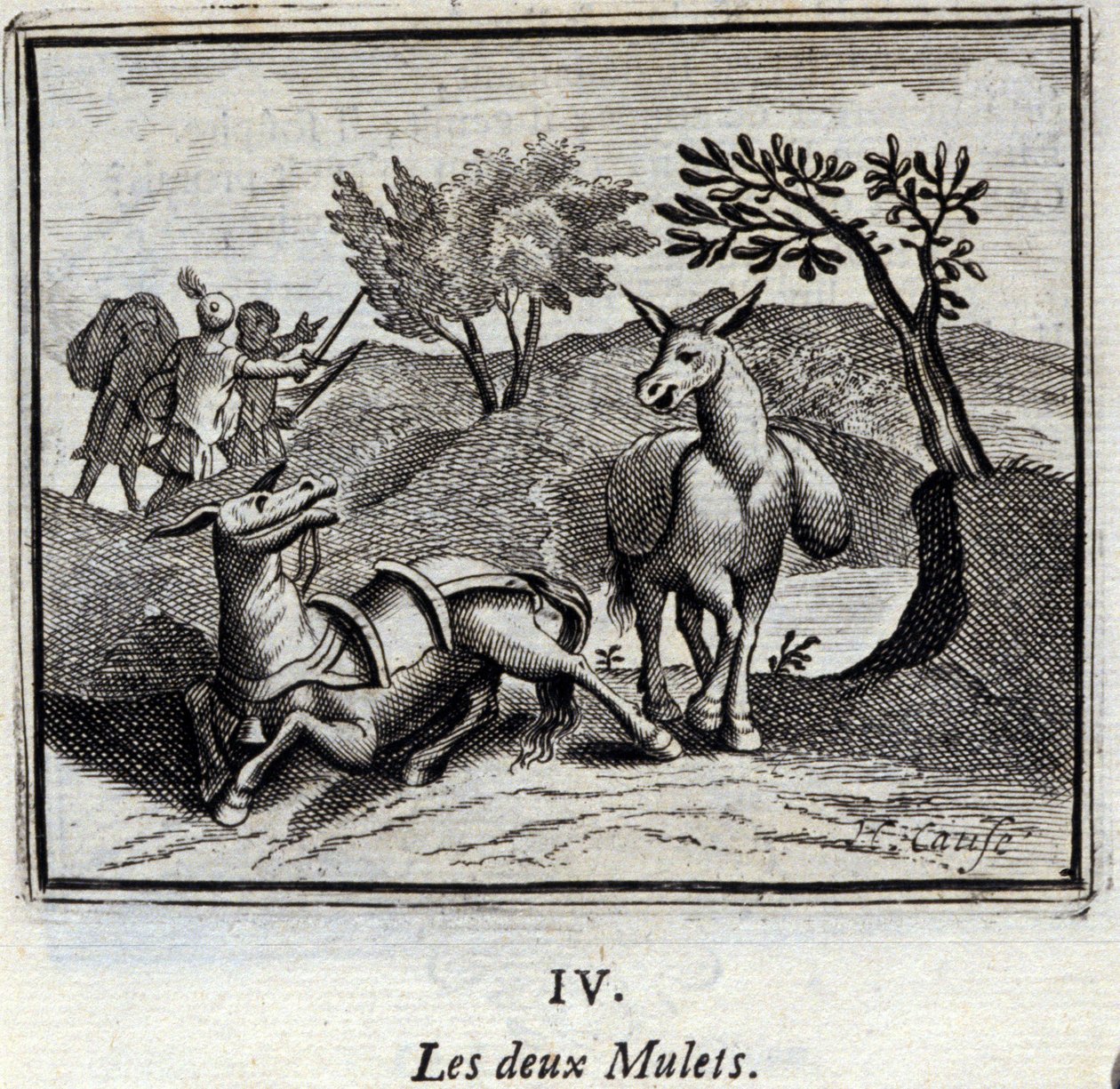 二匹のラバ。ジャン・ド・ラ・フォンテーヌ（1621-95）の寓話。挿絵はフランソワ・ショーボー（1613-1676）。1728年の版。 作： フランソワ・ショーボー