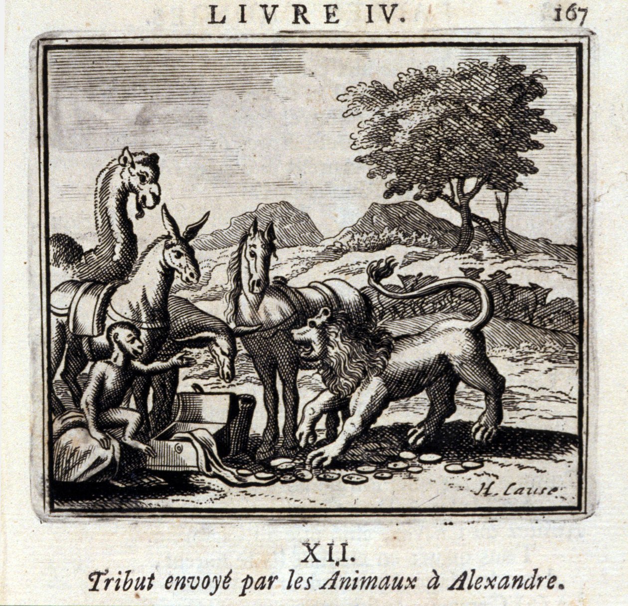 動物たちがアレクサンダーに送った貢物。ジャン・ド・ラ・フォンテーヌ（1621-95）の寓話。挿絵はフランソワ・ショーボー（1613-1676）。1728年の版。 作： フランソワ・ショーボー